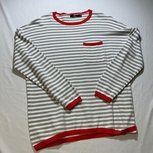 Lillusory Striped Knit‎ Sweater Crew Neck Pocket Red Trim Cozy Comfort